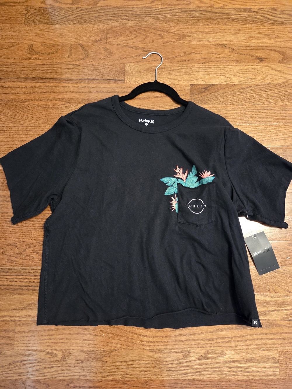 NWT Women's Hurley Black Cropped Pocket Tee with Teal & Coral Floral Accent, M